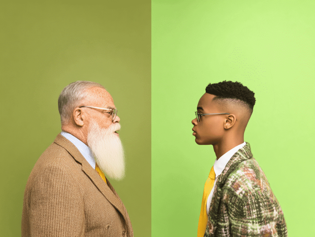 Elderly man and young man facing each other, focused on conversation, emphasizing employee training and workforce development programs.
