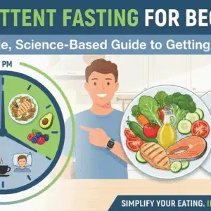 Guide to intermittent fasting with a clock, healthy food, and a person explaining the process.