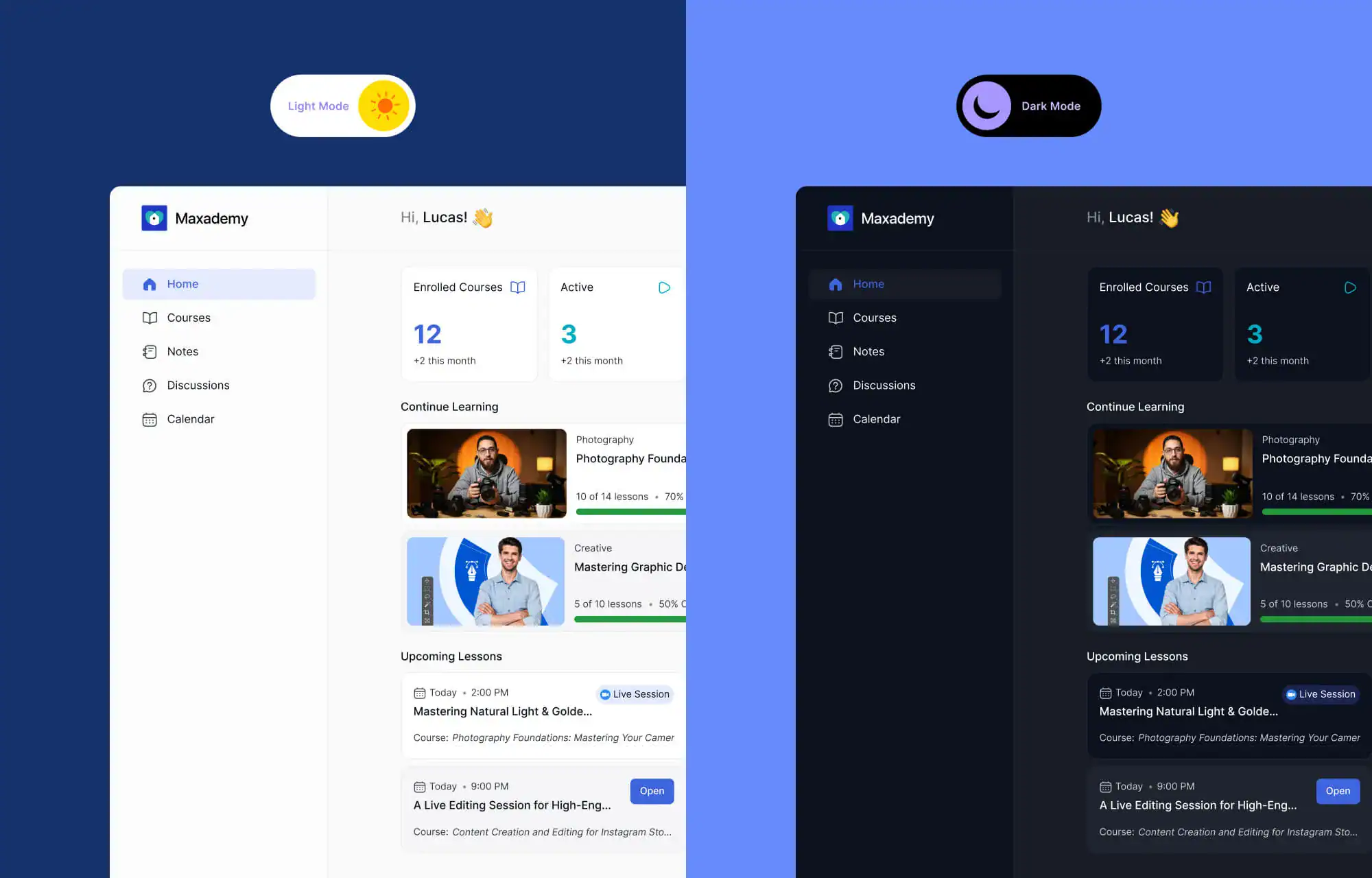 LIA white-label LMS personalised dashboard in light and dark mode