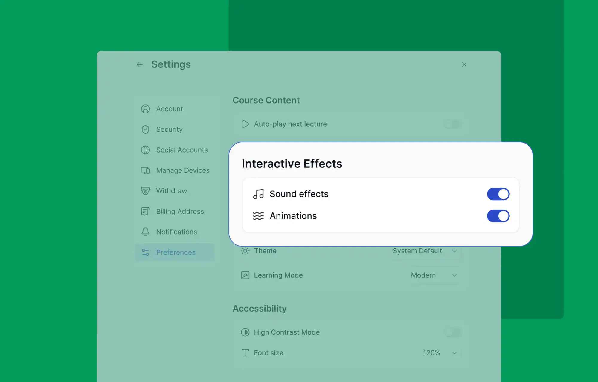 LIA white-label LMS settings with accessibility and personalisation options