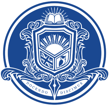 Blue academic crest with Latin motto Docendo Discimus