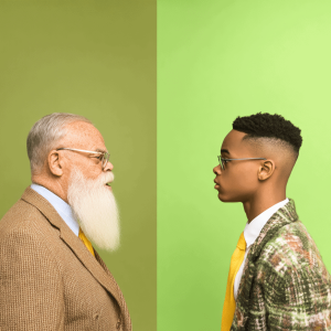 A portrait of an elderly man and a young man engaged in a serious discussion, representing corporate training and online workforce development initiatives at London Intercultural Academy.